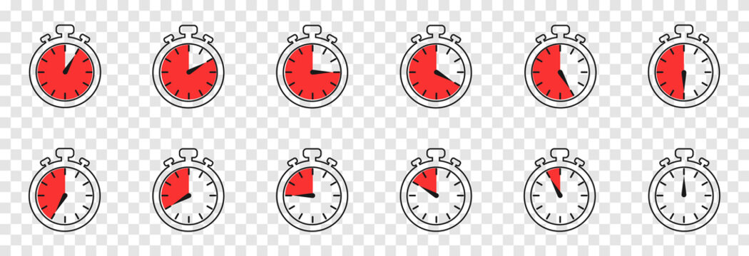 Vector set of clock, alarm clock, timer PNG. Timer, clock on an isolated transparent background. Timer with different time indicator. Сlock icon png.