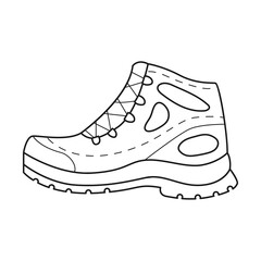 Doodle Hiking shoes. A blue shoe for tourist trips with a special tread on the sole. Equipment for tourism, travel, picnic, hiking, sports.Outline black and white vector illustration isolated on white