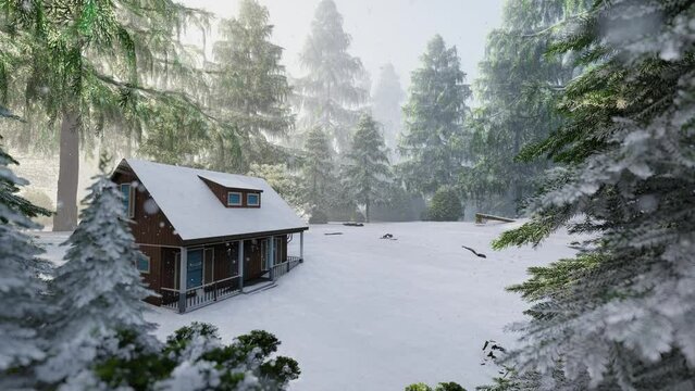 It is a cabin in the deep snowy mountains. The morning has come.