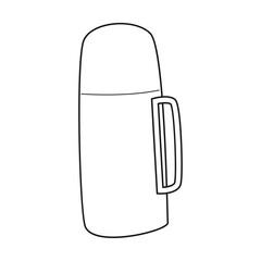 Doodle Thermos. Thermocup. Equipment for tourism, camping, travel, hiking. Outline black and white vector illustration isolated on a white background.