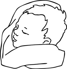 New born sweet baby face emotions. Little cute boy sleeping and smiling. Hand drawn character illustration. Retro vintage comic cartoon line style drawing.