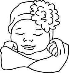 New born sweet baby face emotions. Little girl with big flower on the head sleeping and smiling. Hand drawn character vector illustration. Retro vintage comic cartoon line style drawing.
