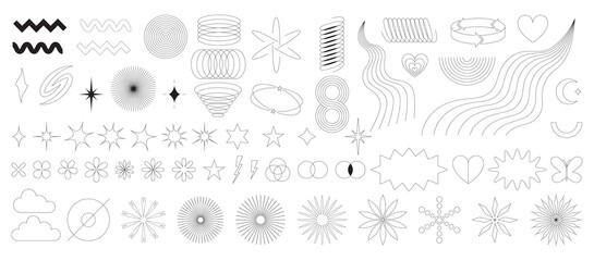 A set of abstract outline geometric design elements in y2k style. Modern graphic shapes, stars, bling, glitter, silhouettes, brutalism forms. Trendy minimalistic retro decorative elements. Vector