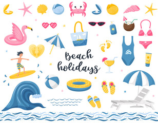 Naklejka premium A set of summer beach, decorative elements. Beach bag, flamingo lifebuoy, diving mask, and fins. Seamless border with abstract designs. Vector illustrations in a flat cartoon style isolated on white.