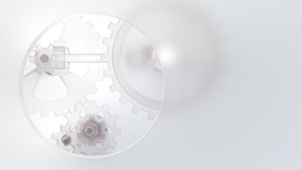 Gear white translucent. Space for banner and logo background. Minimal idea concept, 3D Render.