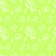 Vector seamless floral pattern in white line on lime background.Repeating botanical print in a minimalist style in bright modern colors.Designs for textiles,wallpaper,fabric,wrapping paper,packaging.