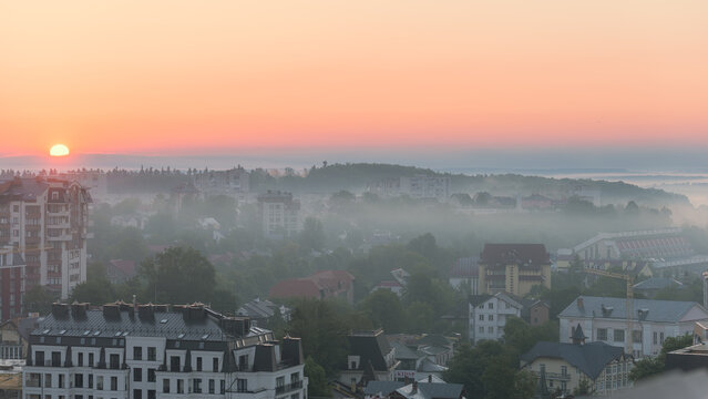 Early morning sunrise in Truskavets, Ukraine. Panorama of the city. Ukraine, summer time.
