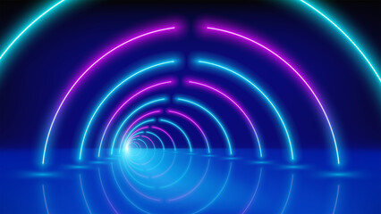 Glowing neon lines, tunnel, led stage. Abstract technological background, virtual reality. Pink blue purple neon corridor of circles, perspective. Ultraviolet bright glow. Vector illustration