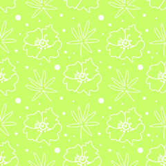 Vector seamless floral pattern in white line on lime background.Repeating botanical print in a minimalist style in bright modern colors.Designs for textiles,wallpaper,fabric,wrapping paper,packaging.