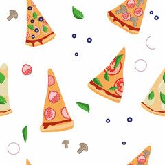 Seamless pattern with pizza slices for printing on different surfaces of your pizzeria