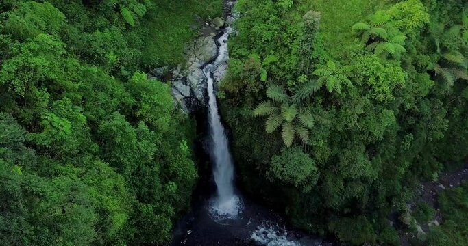 Drone shot of nature view of waterfall with surrounding vegetation. nature is still beautiful named Kedung Kayang Waterfall  in Central Java, Indonesia