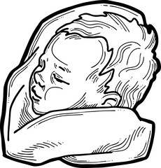 New born sweet baby face emotions. Little cute boy sleeping and smiling. Hand drawn character illustration. Retro vintage comic cartoon line style drawing.