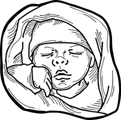 New born sweet baby face emotions. Little cute boy sleeping and smiling. Hand drawn character illustration. Retro vintage comic cartoon line style drawing.