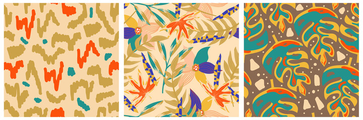 Fototapeta na wymiar Aesthetic boho jungle seamless pattern set for print design. Boho botanical collection tropic floral background. Modern exotic floral jungle pattern. Geometric texture. Print design