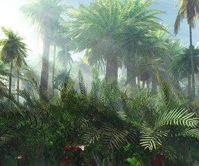 Fototapety  Jungle, beautiful rainforest in the fog, palm trees in the haze, jungle in the morning in the fog, 3D rendering