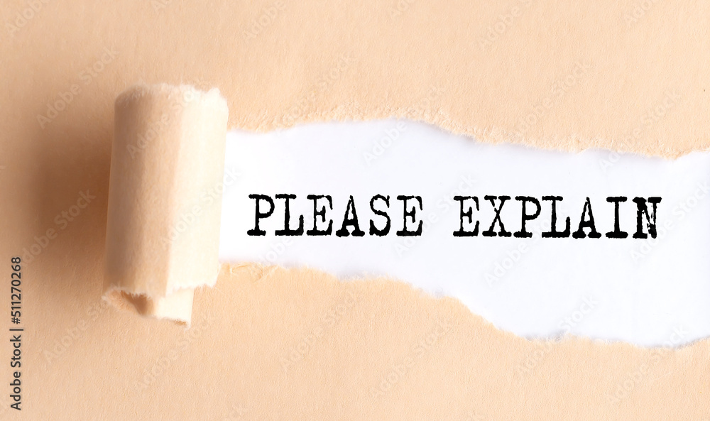 Aufkleber the text please explain appears on torn paper on white background.