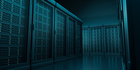 Row of operating server racks in modern data center room, 3d rendering cyber security infrastructure interior, super computer cluster for artificial intelligence model database technology