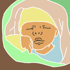 New born sweet baby face emotions. Little cute boy sleeping and smiling. Hand drawn character illustration. Retro vintage comic cartoon line style drawing.