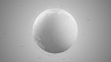 Clean white earth globe with wireframe global network connection data transfer, 3D rendering digital information visualization around world map design for worldwide communication business technology..