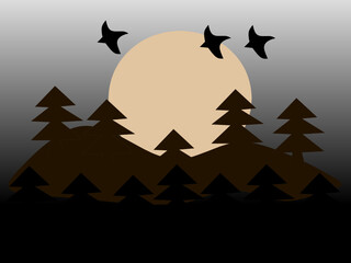 beautiful view of pine forest with full moon light