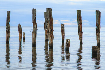 Sea scenery with broken pier poles sticking from water.