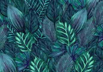 Naklejka na ściany i meble Watercolor tropical background. Drawn greenery. Background with leaves. Background for packaging, invitations, postcards