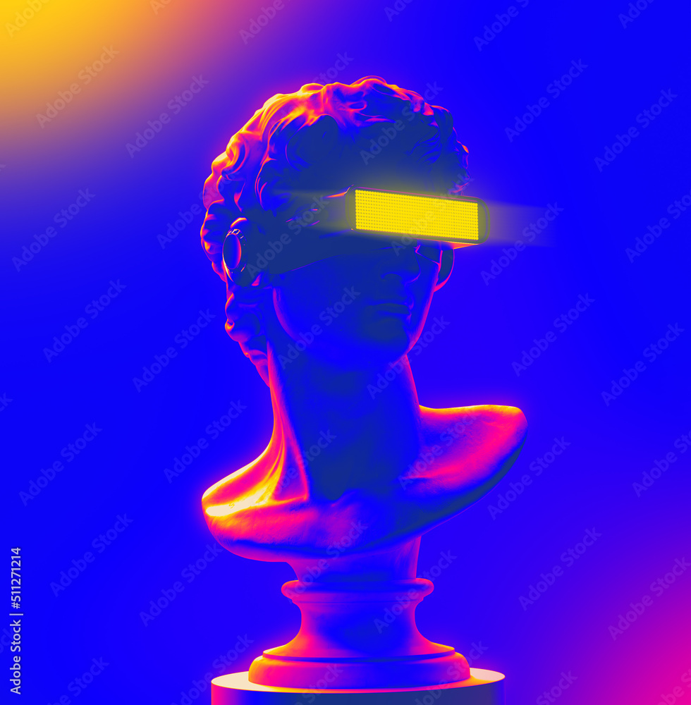 Poster concept illustration from 3d rendering of classical head sculpture with virtual reality visor headse
