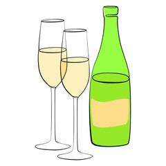 Bottle of champagne and two glasses line art on white isolated background
