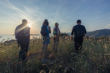 grupo de pessoas em um dia ensolarado escalando montanha fazendo hiking.