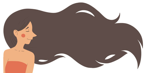 A woman with long hair blowing in the wind. Long dark hair.