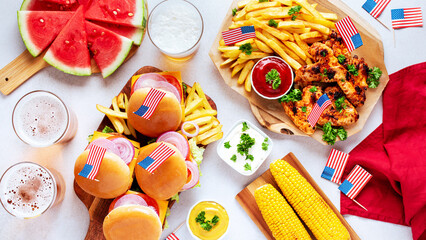 Table with food for USA 4th July Independence Day, copy space