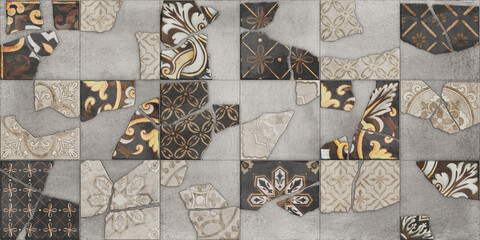 Colorfull wall art mixed digital tiles design for interior home or ceramic tiles design.