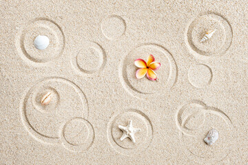 sand; background; circle; round; different; print; texture; imprint; sandy; pattern; mark; tropical; detail; impact; textured; seashells; flower; frangipani; star fish, sand background, no people,