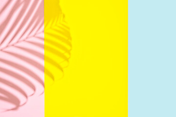 Fototapeta na wymiar Shadow of palm leaf on colourful pink yellow and blue background, top view, copy space