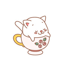 Cute kitten in a cup. Cartoon illustration of a little kitten sitting in the cup isolated on a white background. Vector 10 EPS.
