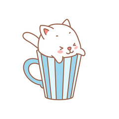 Cute kitten in a cup. Cartoon illustration of a little kitten sitting in the cup isolated on a white background. Vector 10 EPS.

