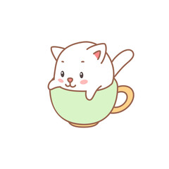 Cute kitten in a cup. Cartoon illustration of a little kitten sitting in the cup isolated on a white background. Vector 10 EPS.
