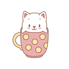 Cute kitten in a cup. Cartoon illustration of a little kitten sitting in the cup isolated on a white background. Vector 10 EPS.
