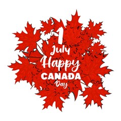 Happy Canada Day poster. Canadian flag vector illustration greeting card with red maple leaf and hand drawn calligraphy lettering.