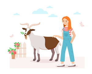 Little girl petting goat in contact zoo. Goat chews grass near a fence with flowers. Family holidays with children on the farm. Vector illustration isolated on white background.