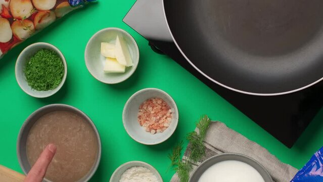 Flat lay food video: chef shows recipe ingredients before cooking, 4k Prores