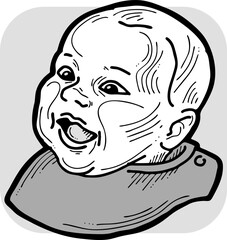 New born sweet baby face emotions. Little happy child surprised with open mouth. Hand drawn character vector illustration. Retro vintage comic cartoon line style drawing.