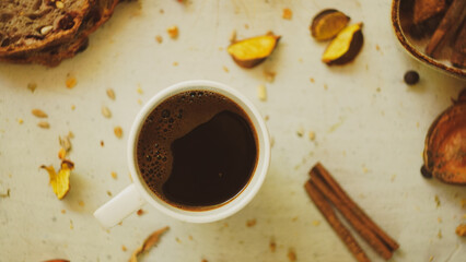 fresh morning black turkish arabic coffee cezva homemade fresh healthy bread with seeds rustic farmhouse style vintage