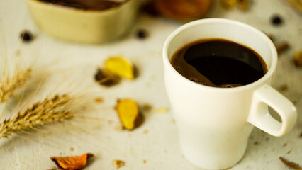 fresh morning black turkish arabic coffee cezva homemade fresh healthy bread with seeds rustic farmhouse style vintage