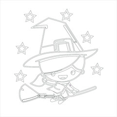 Sweet girl  witch Coloring page , 
Cute chibi kawaii Witch  characters , cute Witch Flying  girl vector Illustration  Hand drawn vector illustration for coloring book