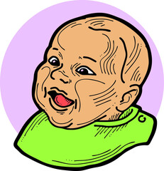 New born sweet baby face emotions. Little happy child surprised with open mouth. Hand drawn character vector illustration. Retro vintage comic cartoon line style drawing.