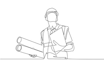 Single continuous line drawing of young male architect holding blueprint paper pose cross arms. Professional work job occupation. Minimalism concept one line draw graphic design vector illustration