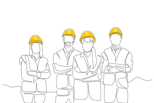 	
One line drawing of  male and female building builder groups wearing helmet. Great team work concept. Trendy continuous line draw design graphic vector illustration
