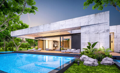 3d rendering of new concrete house in modern style with pool and parking for sale or rent and beautiful landscaping on background. Only one floor. Clear summer evening with cozy light from window