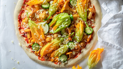 Preparations for delicious pizza with zucchini, chanterelles and mozzarella.